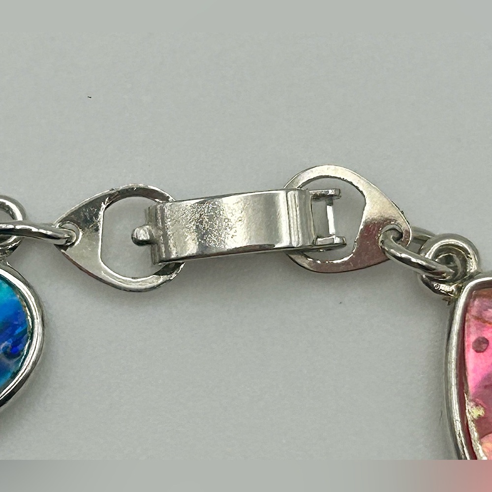 Multicolor Heart Link Silver Tone Bracelet with Abalone Inlay - Picture 11 of 13